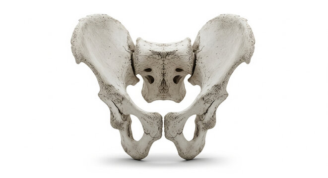 Detailed 3D rendering of a human pelvis bone structure, illustrating anatomical components, isolated on a transparent background.