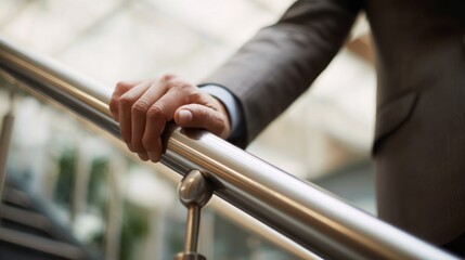 Person's hand holding a metal railing on stairs indoors blurred background.