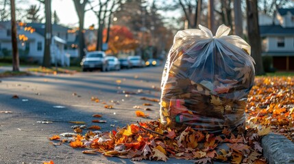 Bag of Autumn Leaves on Residential Street Curb Ready for Collection