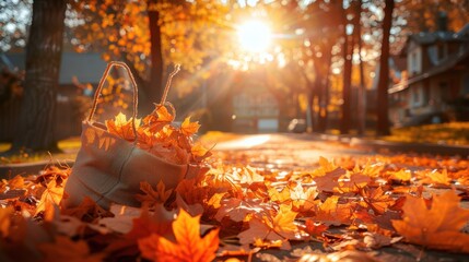 Warm Autumn Leaves Blanketing a Sun-Drenched Street with a Bag of Collected Foliage