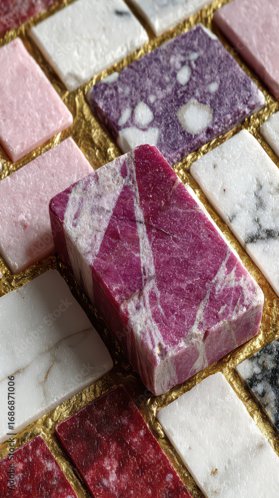 Poster marble mosaic of stone textures: this image showcases a close-up of a collection of marble samples. 
