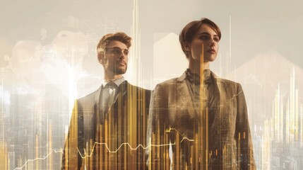 Two people in suits stand against an abstract cityscape background with golden hues.