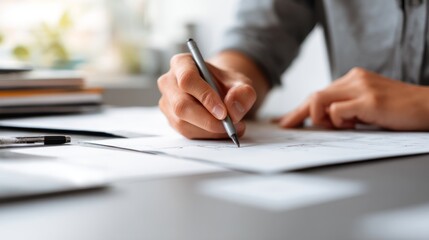 Person writing on paper with pen at desk near window light.
