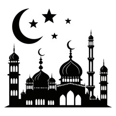 Islamic crescent and star with mosque silhouette vector