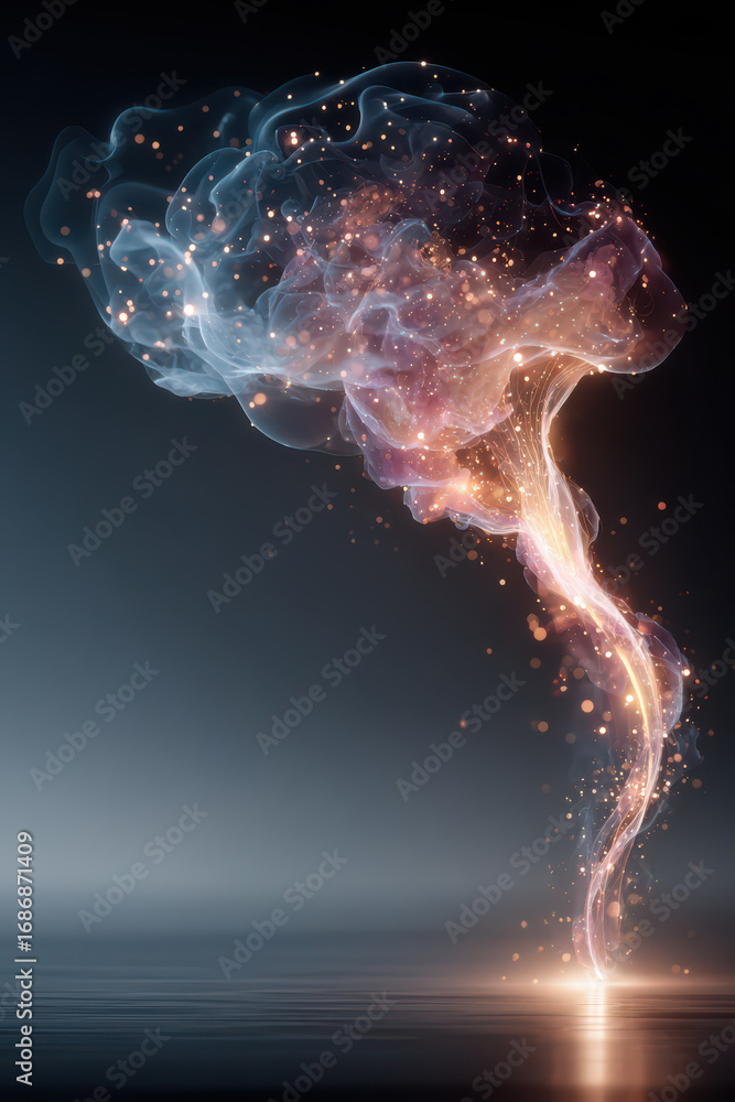 Poster mind's spark: a luminous representation of the human brain, rendered in ethereal light and cosmic pa
