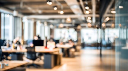 Blurred office interior with desks chairs computers and people working.