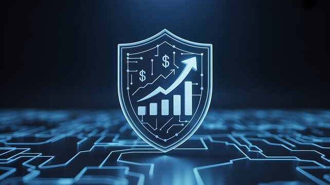 Secure financial growth concept with digital shield and upward bar chart