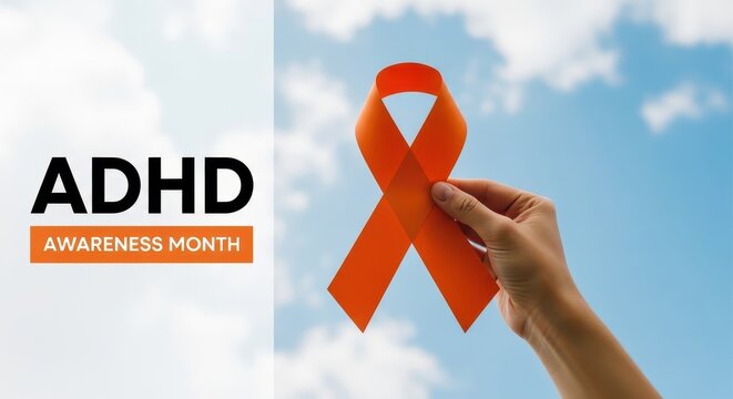 bright orange ribbon held against blue sky with clouds. adhd awareness month text. concept of support. healthcare, social campaign, educational banner on attention deficit hyperactivity disorder