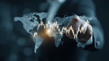 Man touches world map with glowing line representing global business or finance.
