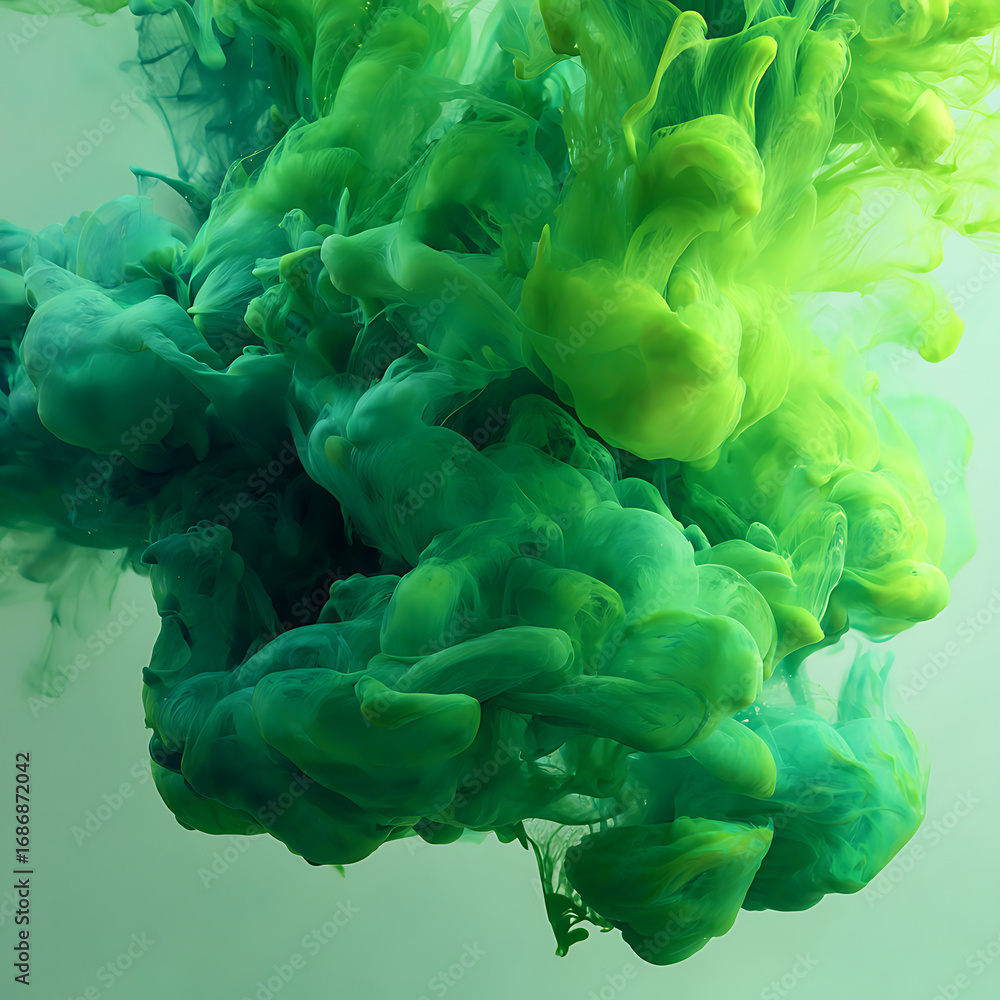Poster an abstract cloud of vibrant green and yellow ink swirling and dissolving in water, creating a dynam