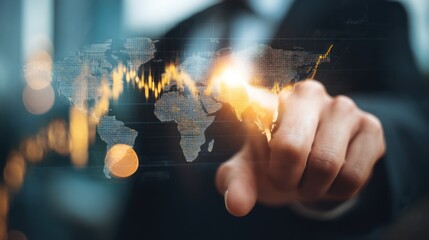 Hand points at a world map with glowing lines in a blurred setting.