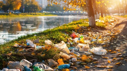 Littered riverside path with plastic waste and autumn leaves under golden sun, illustrating environmental pollution.