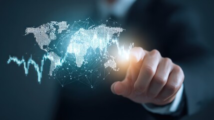 Man's hand touches glowing world map with data lines connecting continents.