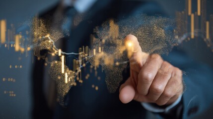 Hand points at golden financial data visualization on a dark background.
