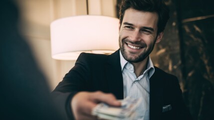 Man in suit smiles handing money to another person indoors.