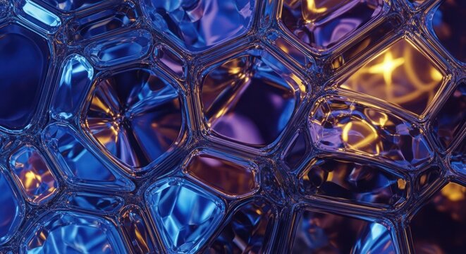 Abstract blue and gold crystalline structure with organic cell like formations
