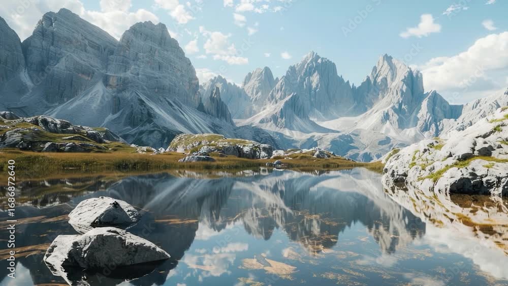 Poster a serene scene of a mountain range with a calm lake in the foreground, suitable for use in travel or