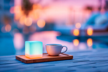 Stylish still life of a glowing teal and orange cube with a coffee mug on a natural wooden tray