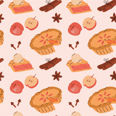 Seamless pattern with apple pie, spice and fruit