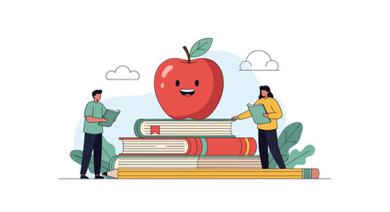 A cheerful apple sits atop a stack of books with two people studying nearby illustration