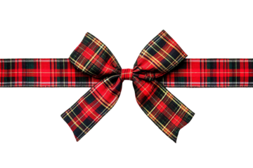 Holiday ribbon featuring plaid pattern tied into bow isolated on transparent background
