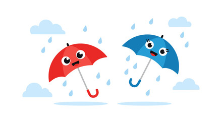 Two adorable cartoon umbrellas enjoying a rainy day together