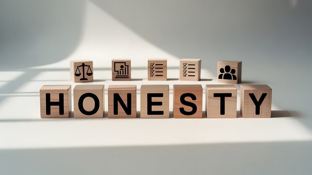 Wooden blocks spell out honesty symbolizing truth and integrity in concept photography