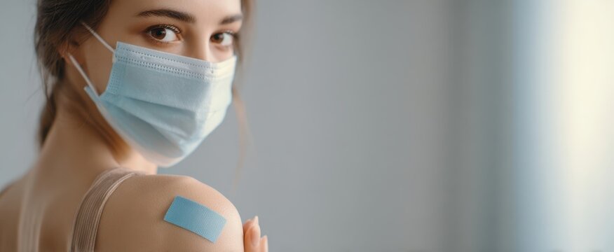 The woman with a bandaged shoulder after vaccination wearing a protective face mask