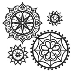 Ornate black mandalas on white circular decorative