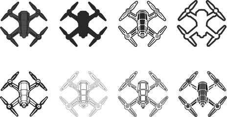 Set of quadcopters, combat drones for reconnaissance or surveillance, icons of attack drones quadcopters, set of vector icons of quadcopters.