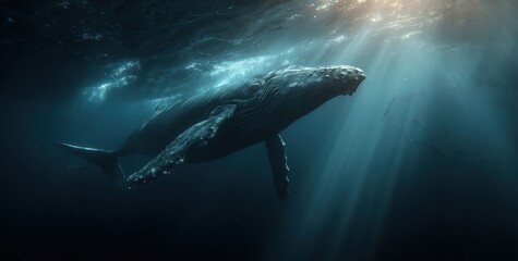 Fototapeta premium A large humpback whale glides serenely through the deep blue ocean, surrounded by shafts of light filtering from the surface. Its massive body moves with grace in the tranquil waters