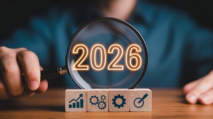Magnifying glass focuses on year 2026 with business icons on blocks