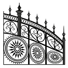 Ornate black metal gate with sunburst medallions white