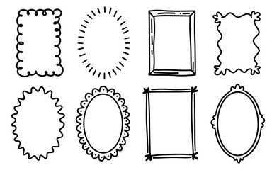 Coquette girly frames set. Hand-Drawn Black Borders for Wedding Invitation, Whimsical frames for birthday card, Squiggly and Wavy Borders. Minimalist Doodle line art isolated on white.