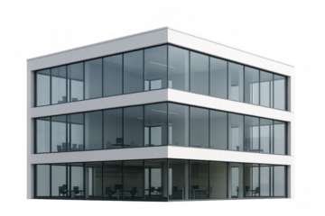 Modern office building with transparent background showing interior furnishings