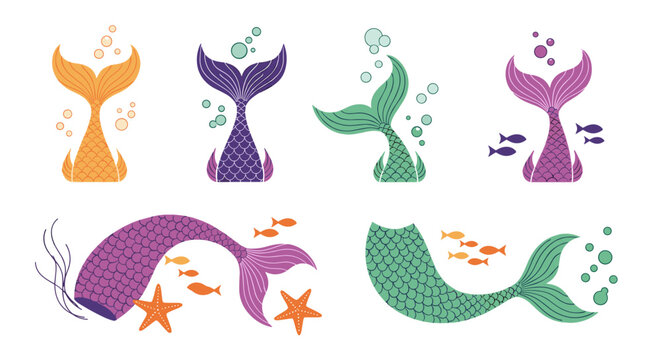 Enchanting mermaid tail collection featuring aquatic creatures and bubbles