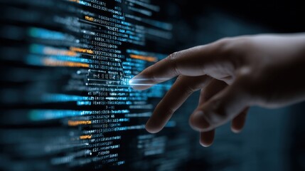finger touching digital code lines