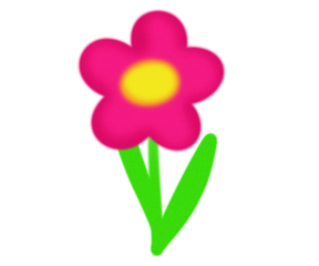 Simple cartoon flower with bright pink petals, yellow center, and green stem. Playful retro design element with colorful cheerful vibe.