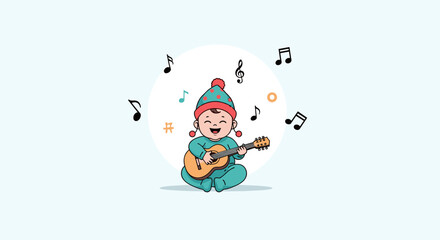 Naklejka premium Cute cartoon child happily playing the ukulele surrounded by musical notes and decorative elements