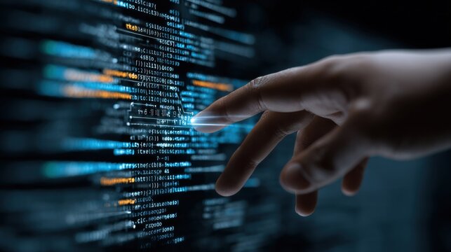 finger touching digital code lines