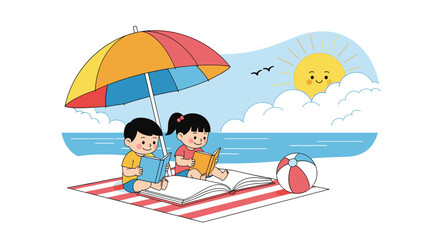 Children enjoying a sunny day at the beach reading books under a colorful umbrella with a ball nearby