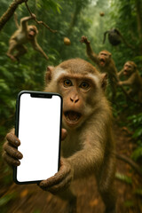 Surprised monkey urgently holding a smartphone with blank screen in the jungle, as other monkeys react wildly in the background