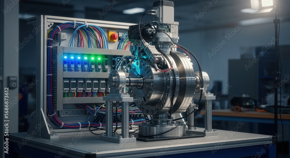 Poster Isolated view of a wave energy devices powertakeoff dynamometer cell in a lab setting with glowing LED indicators and control wiring.
