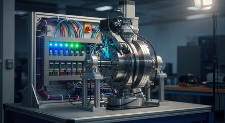 Isolated view of a wave energy devices powertakeoff dynamometer cell in a lab setting with glowing LED indicators and control wiring.
