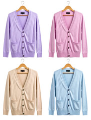 group of long sleeve cardigan with cute color on hanger isolated on white