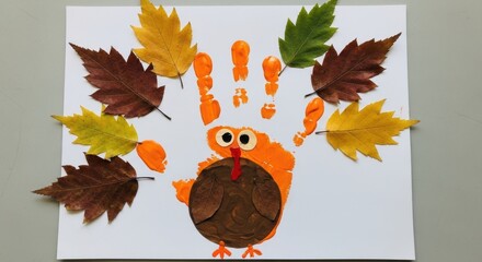 Photo of a fun and creative thanksgiving craft for kids, featuring a turkey made from an orange handprint and brown paper, decorated with colorful autumn leaves
