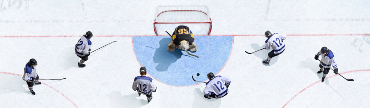 Creative collage. Aerial perspective hockey goalkeeper facing multiple attackers in tense play. Concept of teamwork, defense, rivalry, pressure, and dramatic sports atmosphere. Banner