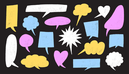 Colorful crayon speech frames in pastel style with chalk texture. Hand drawn cloud balloons and doodle text boxes