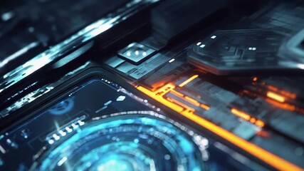 Futuristic holographic display showing rotating circular data analysis on circuit board - Powered by Adobe