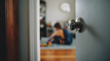 Obraz premium Open door view into a room with a person sitting on the floor.